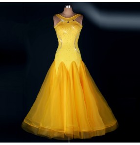 Yellow gold rhinestones sleeveless women's ladies female competition performance handmade long length professional ballroom tango waltz dance dresses 